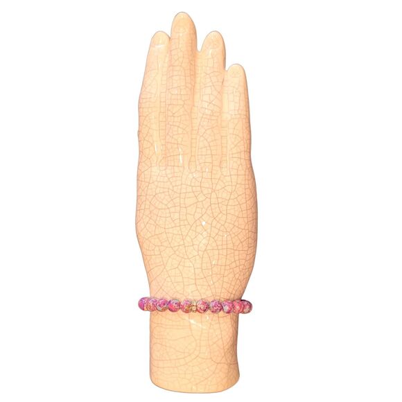 8mm Pink Genuine Round Bead Natural Stone Gold Crystal Rondel Stretch Bracelet - Picture 3 of 3